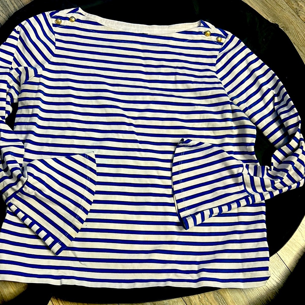 LAUREN Blue & white stripped long sleeve w/bell cuff, gold button shoolder P/L